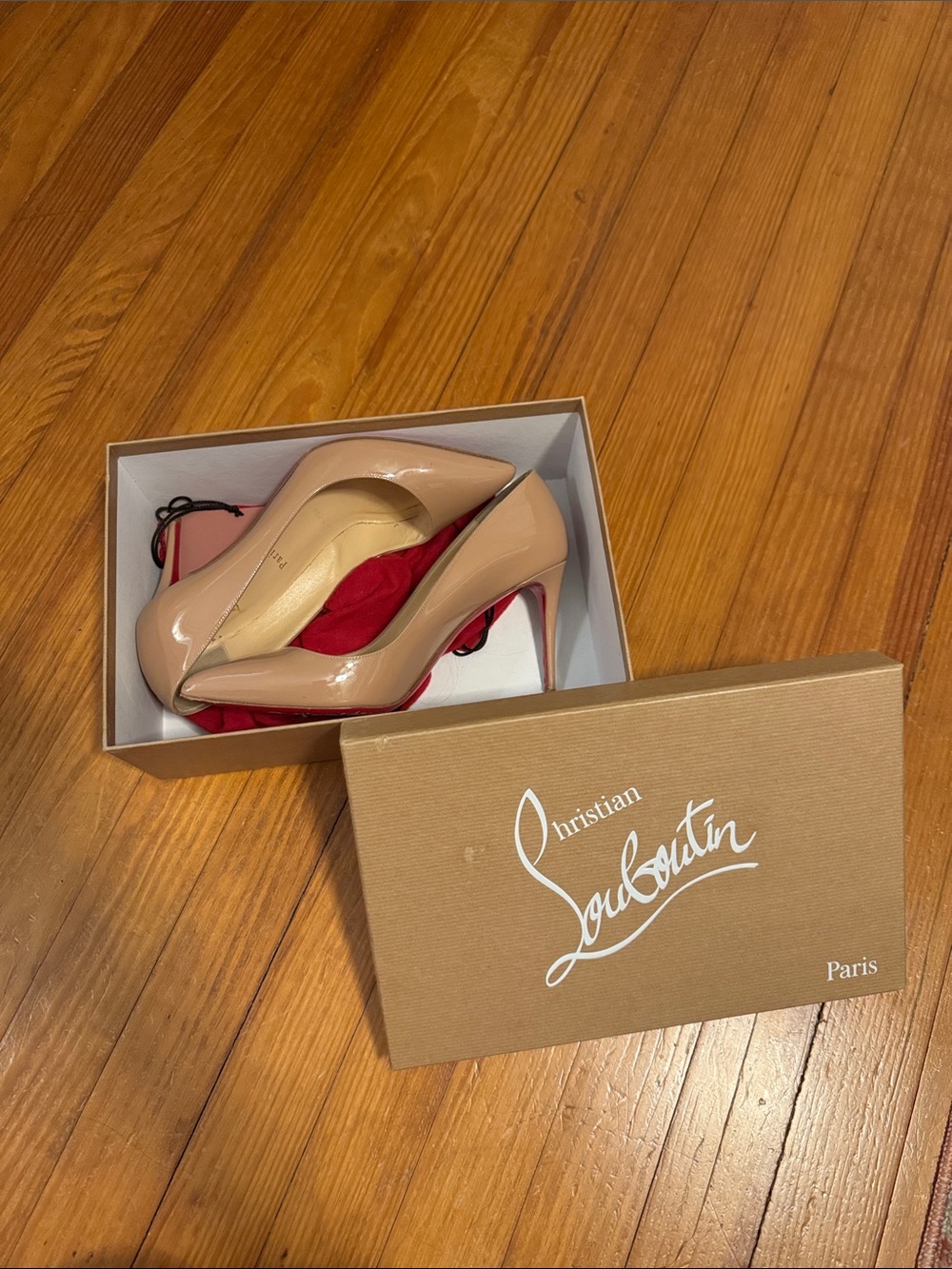 Christian Louboutin Nude Patent Leather Pointed Toe Stiletto Pumps